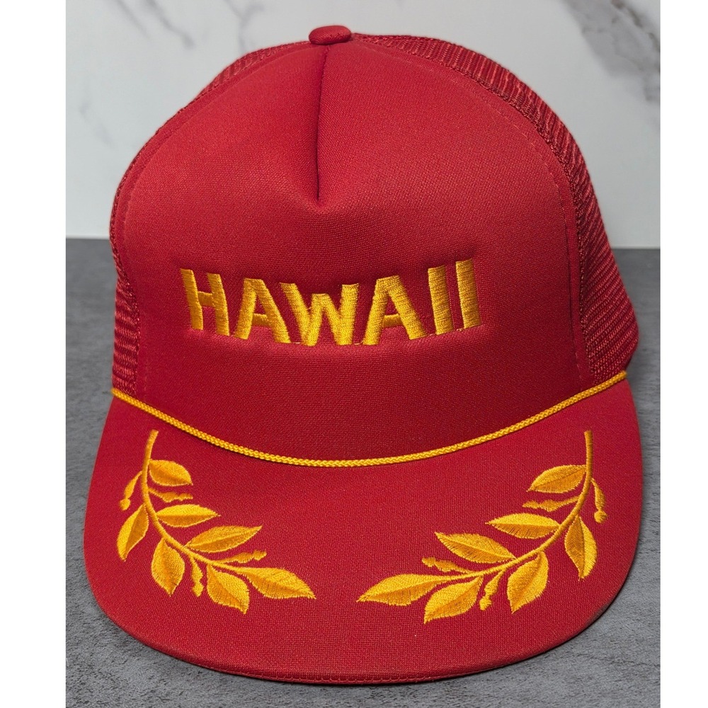 Vintage Hawaiian Headwear Hawaii Trucker Hat Red Gold Snapback Mesh‎ Cap Mens